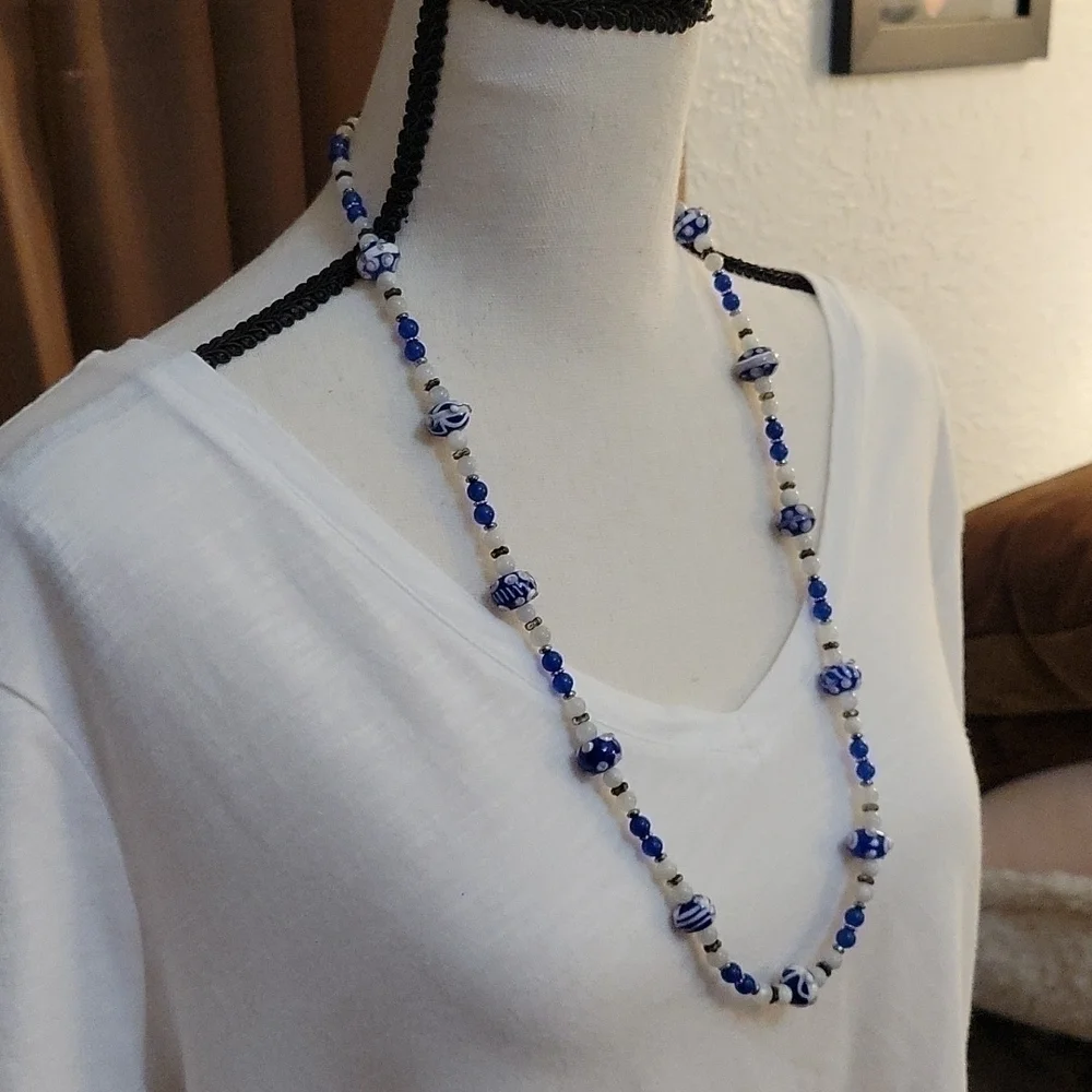 HANDMADE Chalcedony Moonstone Lampwork Beaded Artsy Opera Necklace